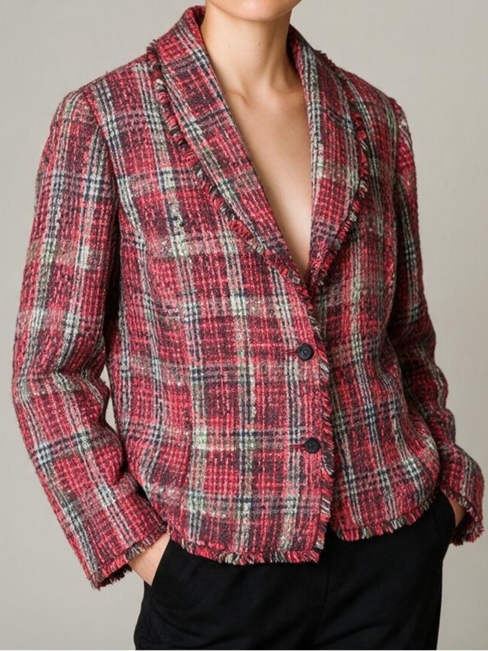 CJ Banks Plaid Shirred Tweed Blazer/Jacket Festive Earthy 2X